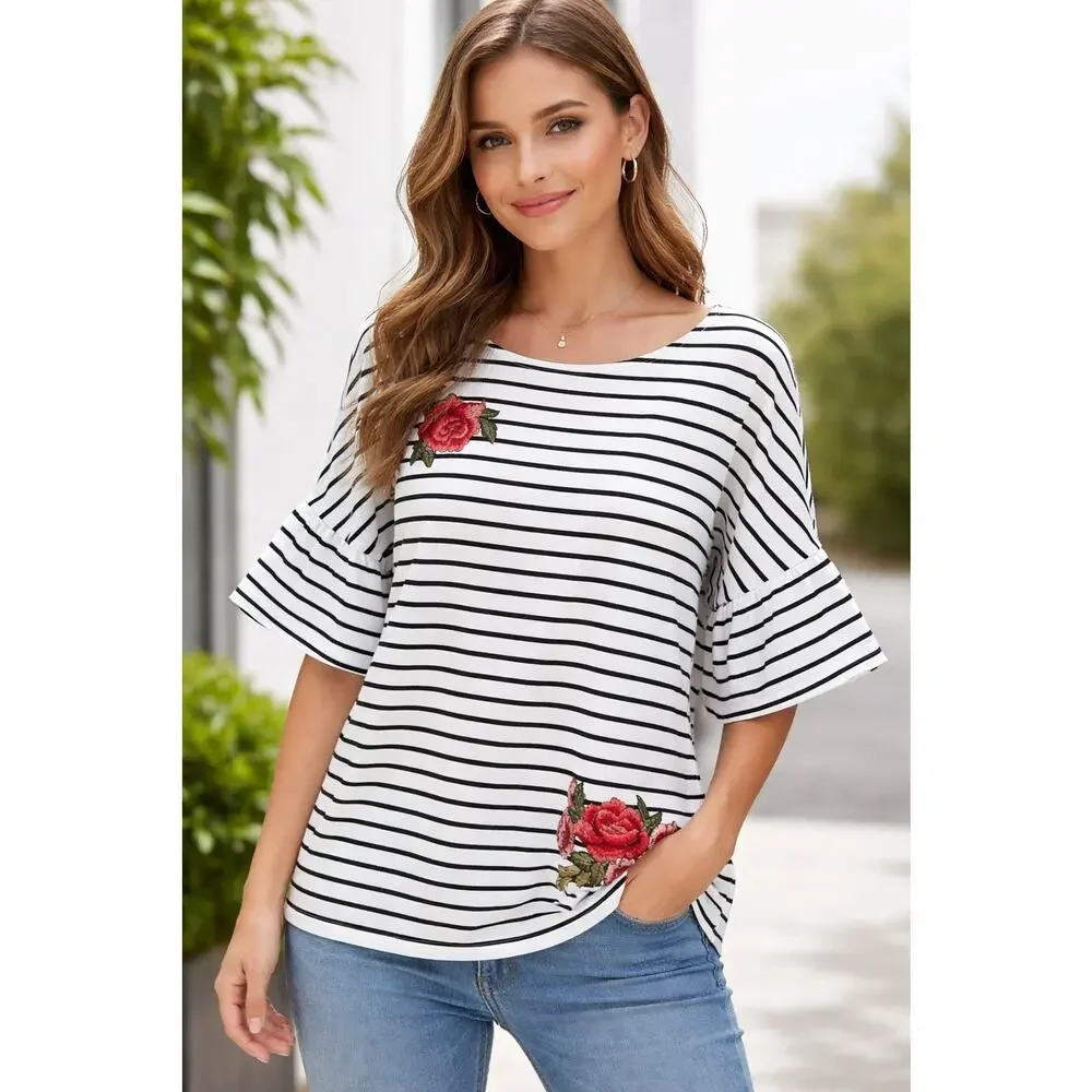 FEVER Women's Striped 3/4 Flared Sleeve Knit Top 2X Navy Blue White Floral Boho - Picture 1 of 13